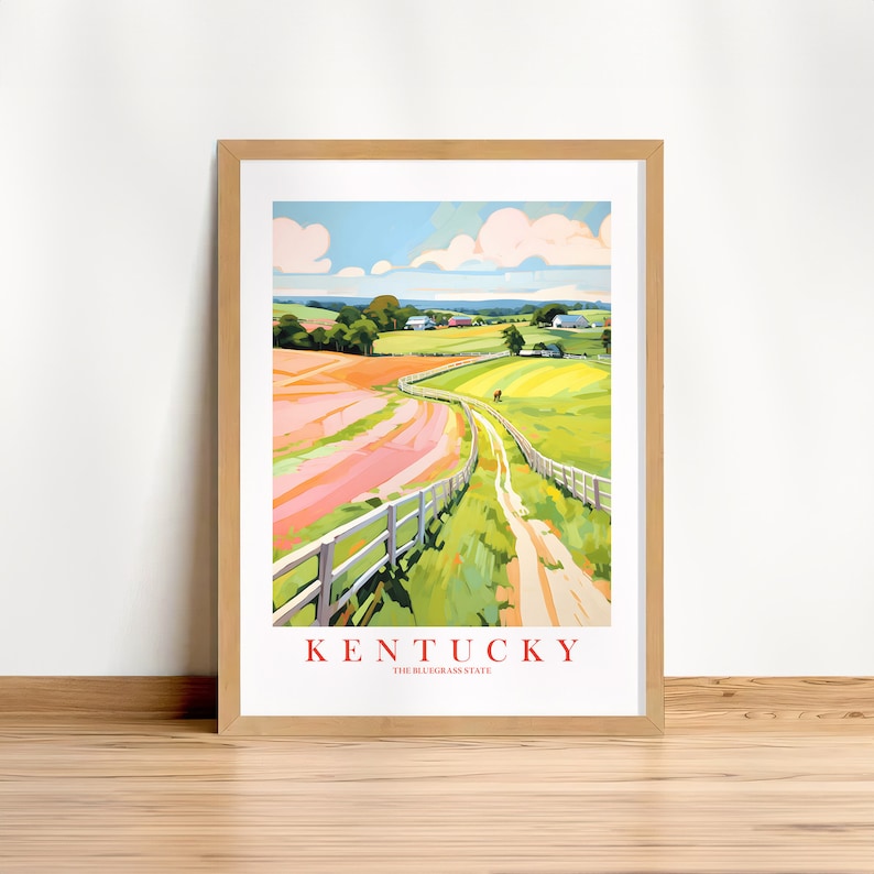 Kentucky Travel Poster, Bluegrass State Pink Green Retro Print Landscape Painting Horses Scenery, Instant Download image 1