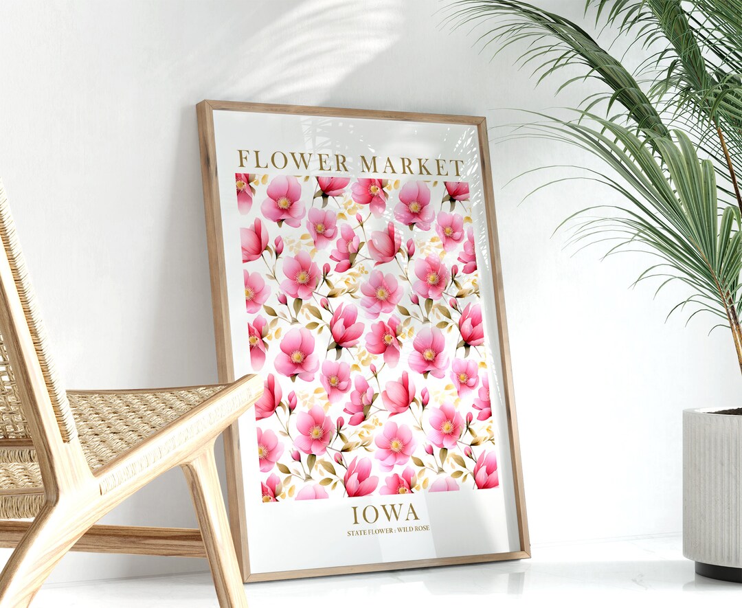 Iowa Wild Rose State Flower Print Pink Green Floral Botanical Wall Art ...