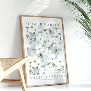 Mercado de flores del estado de Carolina del Norte Dogwood blanco marfil azul floral botánico pared arte acuarela NC cartel descarga instantánea imprimible