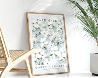 North Carolina State Flower Market Dogwood White Ivory Blue Floral Botanical Wall Art Watercolor NC Poster Instant Printable Download