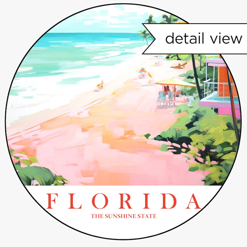 May include: A colorful illustration of a beach scene in Florida. The image features a pink sandy beach, turquoise ocean water, palm trees, and a pink building. The text "FLORIDA THE SUNSHINE STATE" is at the bottom of the image.