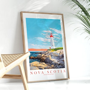 Affiche de voyage de la Nouvelle-Écosse, impression d'art mural phare Province des Maritimes, peinture de vacances rétro rose orange sarcelle, téléchargement immédiat
