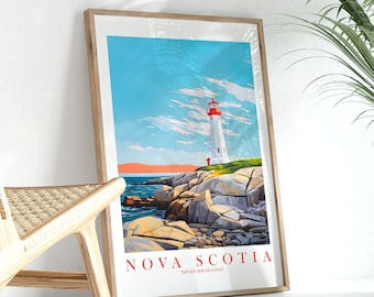 Könnte beinhalten: Ein gerahmtes Poster mit einer farbenfrohen Illustration eines Leuchtturms an einer felsigen Küste. Das Poster trägt den Text "NOVA SCOTIA THE SEA BOUND COAST" am unteren Rand.