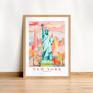 New York  Retro Travel Poster Empire State Print Statue Of Liberty Pink Orange Abstract Painting, Instant Download