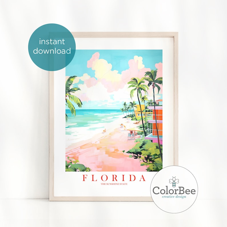 May include: A colorful illustration of a beach scene in Florida. The image features palm trees, pink clouds, a blue ocean, and a sandy beach with colorful buildings. The text "FLORIDA THE SUNSHINE STATE" is at the bottom of the image.