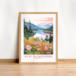 Cartel de viaje de New Hampshire Granito Estado Rosa Naranja Verde Retro Impresión NH Pintura Montañas, Descarga instantánea