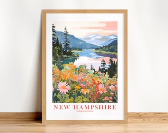 New Hampshire Travel Poster Granite State Pink Orange Green Retro Print NH Painting Mountains, Instant Download