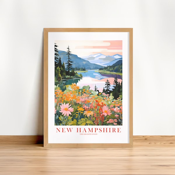 New Hampshire Travel Poster Granite State Pink Orange Green Retro Print NH Painting Mountains, Instant Download