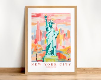 New York Travel Poster Statue of Liberty Wall Art Print NYC Big Apple Manhattan Retro Pink Orange Teal Painting, Instant Download