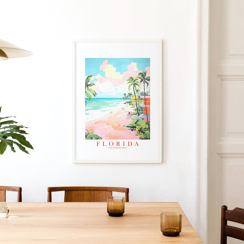 May include: A colorful illustration of a beach scene in Florida. The image features palm trees, a sandy beach, turquoise water, and a pink sky with white clouds. The text "FLORIDA THE SUNSHINE STATE" is printed at the bottom of the image.