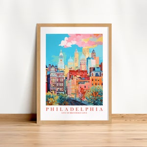 Filadelfia cartel de viaje ciudad pared arte impresión Pensilvania retro rosa naranja verde azulado amor fraternal pintura de paisaje, imprimible instantáneo