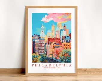 Philadelphia Travel Poster City Wall Art Print Pennsylvania Retro Pink Orange Teal Brotherly Love Landscape Painting, Instant Printable