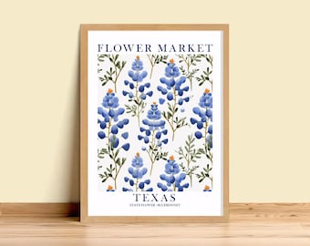 Texas Bluebonnet Flower Market Decor Bedroom Poster Navy Blue Wall Art Kitchen Floral Bathroom Print Gift for Her Texas State Download