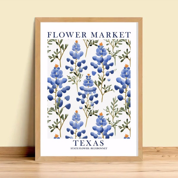Texas Bluebonnet Flower Market Decor Bedroom Poster Navy Blue Wall Art Kitchen Floral Bathroom Print Gift for Her Texas State Download