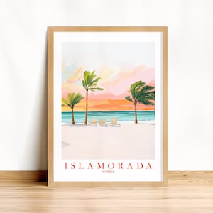 Islamorada Florida Travel Print, FL Keys Home Decor Gift Coastal Teal Orange Pink Painting Retro Beach Poster, Printable Wall Art