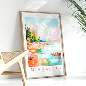 Minnesota Travel Poster Land Of 10000 Lakes State Print, Retro Pink Orange Teal Painting Landscape, Digital Download