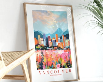 Vancouver BC Poster, British Columbia Canada Travel Print West Coast Province Retro Pink Orange Teal Skyline, Printable Wall Art