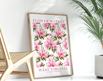 West Virginia State Flower Rhododendron Print Pink green Floral Wildflower Wall Art WV Flower Market Poster Instant Download