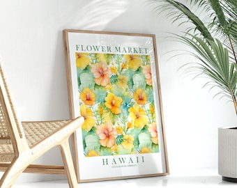 May include: A framed print with a watercolor design of yellow hibiscus flowers on a green background. The print says "Flower Market Hawaii State Flower Hibiscus".