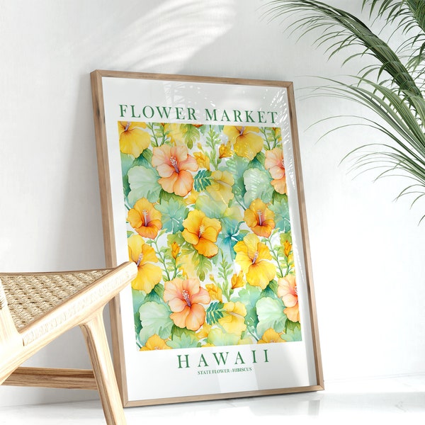 Hawaii Hibiscus State Flower Print Yellow Teal Orange Tropical Floral Botanical Wall Art Flower Market Poster, Instant Download