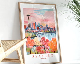 Seattle Travel Poster City Wall Art Print Space Needle, Retro Pink Orange Teal Souvenir Landscape Painting, Printable Download