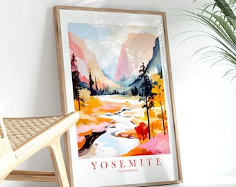 Yosemite California Print CA Retro Poster Pink Orange Teal Picture Traveler Gift National Park Landscape Painting, Instant Download