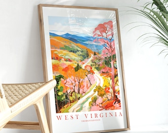 West Virginia Travel Poster Mountain State Print, Retro Pink Orange Teal Painting Country Road Landscape Scenic View, Digital Download