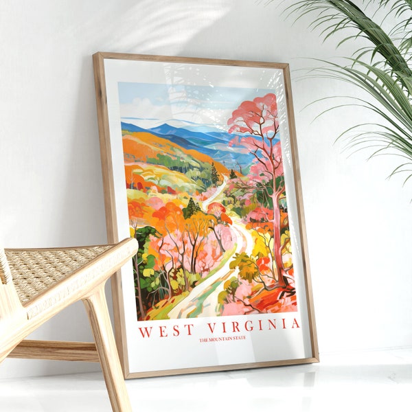 West Virginia Travel Poster Mountain State Print, Retro Pink Orange Teal Painting Country Road Landscape Scenic View, Digital Download