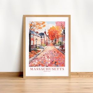 Massachusetts rosa naranja retro cartel de viaje El estado de la bahía impresión lema pintura paisaje colonial paisaje, descarga instantánea
