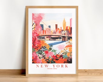 New York Travel Poster Brooklyn Bridge Wall Art Print NYC Retro Pink Orange Teal The Big Apple Landscape Painting, Digital Download