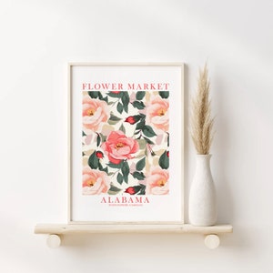 Alabama State Flower Market Art Print Camellia Poster Botánico Neutral Rosa Rojo Blanco Flores Dormitorio Pared Arte Baño Cocina Decoración del hogar