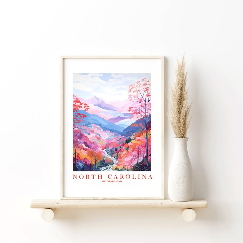 North Carolina Travel Poster Tarheel State Print Retro Pink Orange Blue Ridge Mountains Landscape Painting Dorm Bedroom Instant Download image 7
