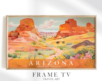 Arizona Frame TV Travel Art, Retro Grand Canyon State Painted Desert Scenery Landscape Orange and Pink, Instant Download