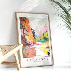 Arkansas Pink Orange Retro Travel Poster Natural State Print Motto Nickname Painted Scenery Landscape Dorm Kitchen Bedroom INSTANT DOWNLOAD