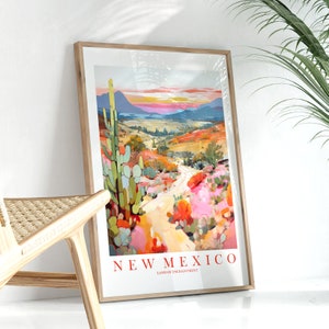 New Mexico Travel Poster Land Of Enchantment State Print, Retro Pink Orange Teal Painting Desert Landscape, Digital Download