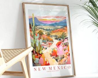 New Mexico Travel Poster Land Of Enchantment State Print, Retro Pink Orange Teal Painting Desert Landscape, Digital Download