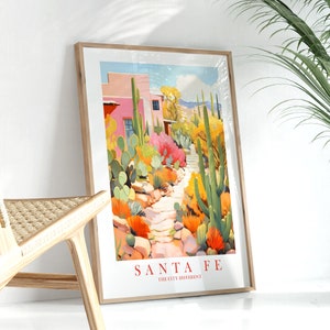 Santa Fe Poster The City Different Print New Mexico NM State Decor Retro Turquoise Pink Orange Teal Watercolor Painting, Instant Printable