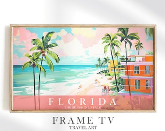 Florida Frame TV Samsung Art, Travel Art, Beach Orange Teal Pink Beach Tropical Sunshine State Painting Landscape, Instant Download