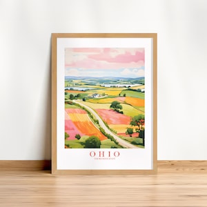 Ohio rosa naranja retro cartel de viaje Buckeye estado impresión paisaje rural pintura cartel de vacaciones, descarga imprimible