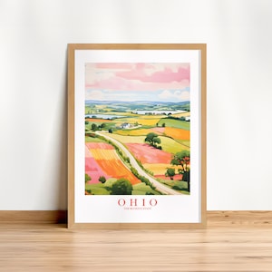 Ohio Pink Orange Retro Travel Poster Buckeye State Print Rural Landscape Painting Vacation Poster, Printable Download