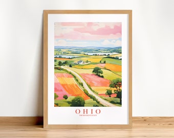Ohio Pink Orange Retro Travel Poster Buckeye State Print Rural Landscape Painting Vacation Poster, Printable Download
