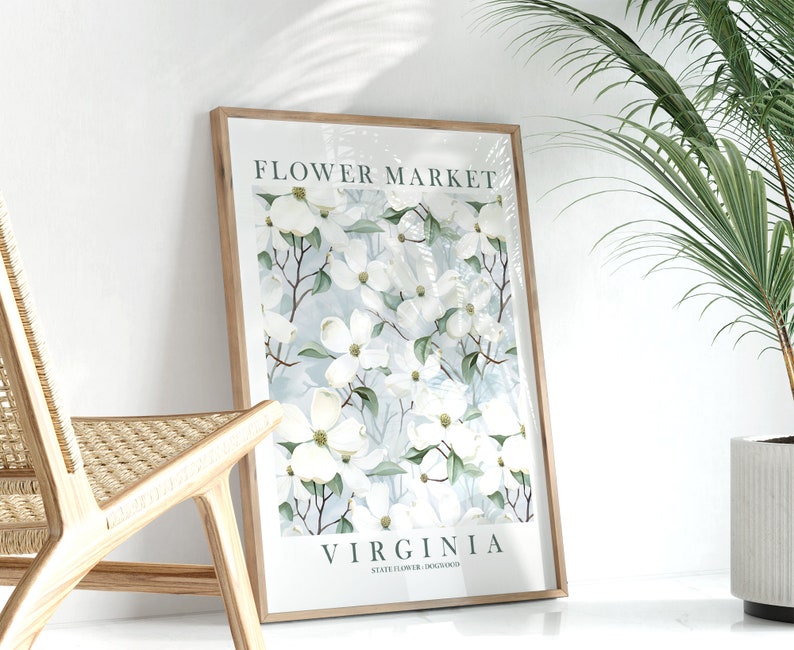 Virginia State Flower Dogwood Print Ivory Green Blue Floral Wildflower Wall Art VA Flower Market Poster Instant Download image 3