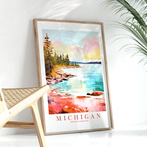 Cartel de viaje de Michigan Impresión estatal de los Grandes Lagos, Retro rosa naranja verde azulado pintura paisaje dormitorio cocina dormitorio, descarga digital