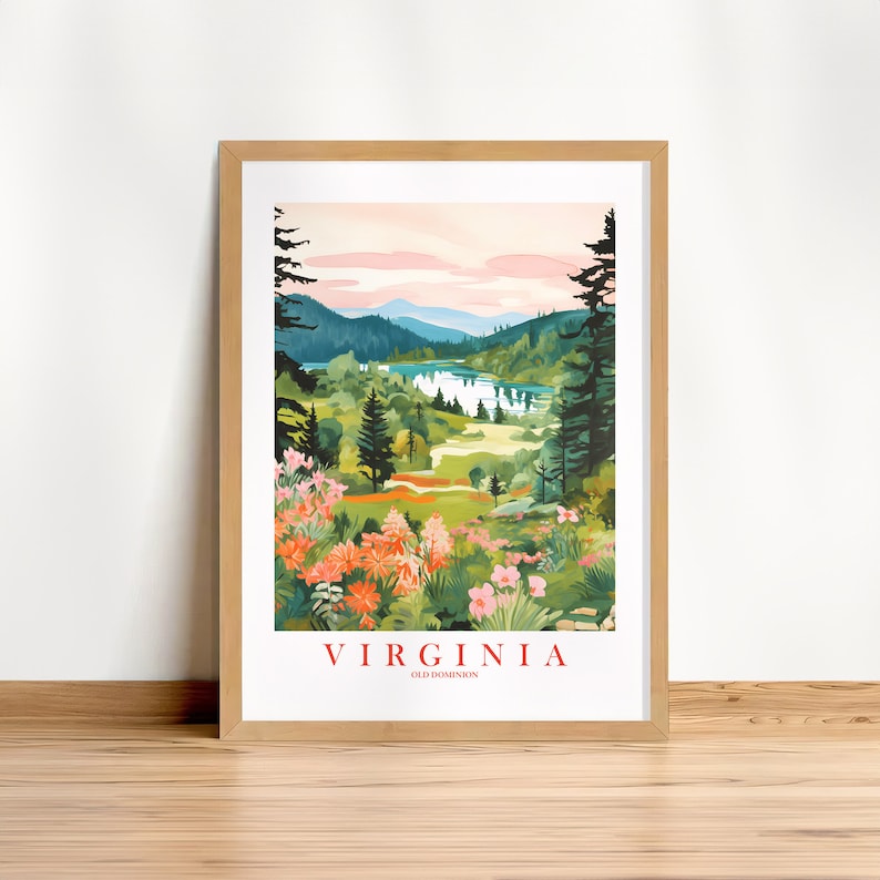 Affiche de voyage rétro Virginie, Old Dominion State impression vacances affiche montagnes peinture rivière Shenandoah, téléchargement immédiat image 1