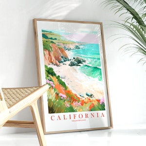 Póster retro de la costa de California, rosa, verde azulado y naranja, impresión de la costa de Big Sur, para dormitorio, RV, camping, viajes, descarga instantánea