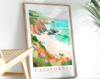 California Coast Poster Retro Pink Teal Orange, Big Sur Coast Print Dorm RV Camping Travel Print, Instant Download