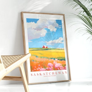 Saskatchewan cartel de viaje pradera pared arte impresión Sask SK provincia Canadá retro rosa naranja verde azulado paisaje de vacaciones pintura, descarga instantánea