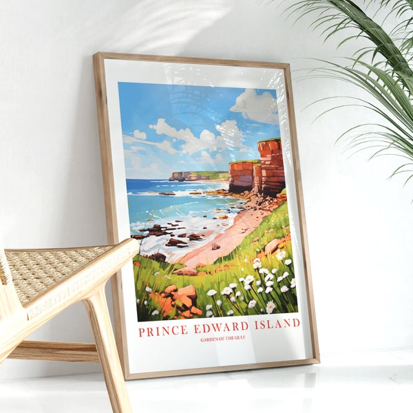 PEI Travel Poster Prince Edward Island Wall Art Print Garden of The Gulf Province Vintage Pink Orange Teal Painting, Instant Download