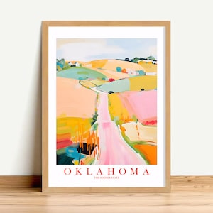 Póster de viaje retro de Oklahoma, color rosa y naranja, con el lema del estado Sooner, apodo, paisaje pintado, dormitorio, cocina, dormitorio, descarga instantánea.