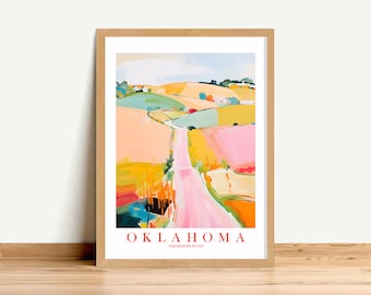 Peut inclure: Une peinture abstraite colorée d'une route sinueuse à travers un paysage de collines et de champs vallonnés. La peinture est dans un cadre en bois et porte le texte "OKLAHOMA THE SOONER STATE" en bas.